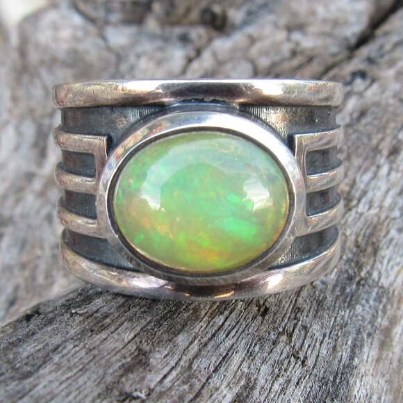 Beautiful Flashy Sterling Silver Large Opal Ring Wide Band Size 7 Fits 6.5-6.75 - Picture 9 of 16